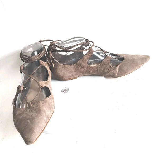 Vince Camuto Pointy Toe Tie Up Ankle Wrap Flats 7.5 Nuetral Suede Ballet Flats - Picture 7 of 10